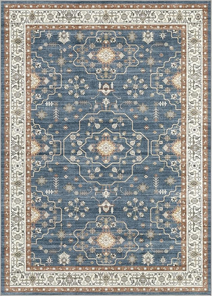 10x12 Area Rug for Living Room- Machine Washable Soft Oriental Vintage Large Indoor Floor Carpet for Bedroom Under Dining Table Home Office Decor - Dark Blue