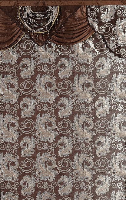 GLORY RUGS Jacquard Luxury Window 2 Panel Set Brown Curtain with Attached Valance and Backing Bedroom Living Room Dining 2 Curtains 55x84 inches Each Jana
