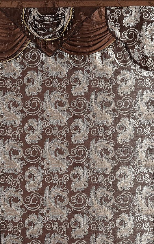 GLORY RUGS Jacquard Luxury Window 2 Panel Set Brown Curtain with Attached Valance and Backing Bedroom Living Room Dining 2 Curtains 55x84 inches Each Jana