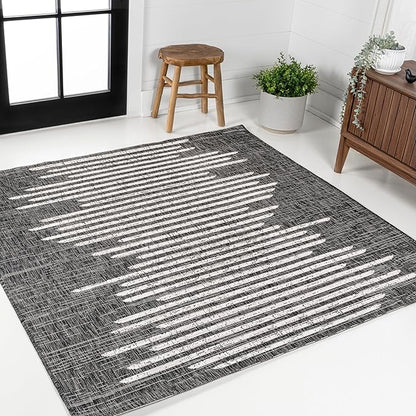 JONATHAN Y Stripe Geometric Indoor Outdoor Square Area Rug 8X8 Black/Ivory, Zolak Berber for Backyard, Patio, Porch, Easy-Cleaning, High Traffic, Pet-Friendly, Non-Shedding (SMB124E-8SQ)