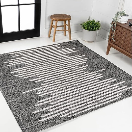 JONATHAN Y Stripe Geometric Indoor Outdoor Square Area Rug 9X9 Black/Ivory, Zolak Berber for Backyard, Patio, Porch, Easy-Cleaning, High Traffic, Pet-Friendly, Non-Shedding (SMB124E-9SQ)