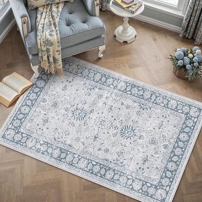 PureCozy 3x5 Area Rug Blue Washable Entryway Vintage Carpet Office Small Non Slip Stain Soft Resistant Low Pile Thin Boho Accent Indoor Throw Rug for Laundry Kitchen Bathroom Entrance Bedroom