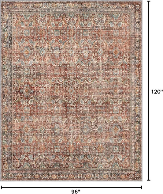 8x10 Area Rug Machine Washable Boho Rug for Living Room,Ultra-Thin Low Pile Carpet,Lightweight Indoor Printed Rug,Non Slip Floral Area Rug for Bedroom, Dining Room, Home Office,Terracotta/Indigo