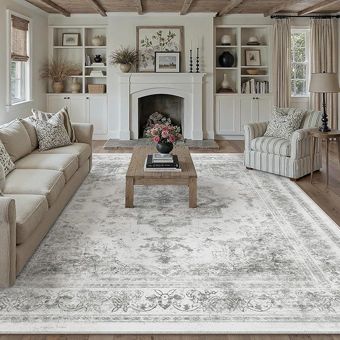 PureCozy Washable Rug 9x12 Area Rug for Living Room Gray Vintage Boho Medallion Large Grey Distressed Retro Carpet Non Slip Indoor Low Pile Small Soft Bedroom Dining Room Home Office