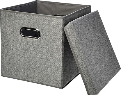 Amazon Basics Foldable Burlap Cloth Cube Storage Bins with Lid, Collapsible Organizing Containers, Stackable and Sturdy, Gray, Set of 2