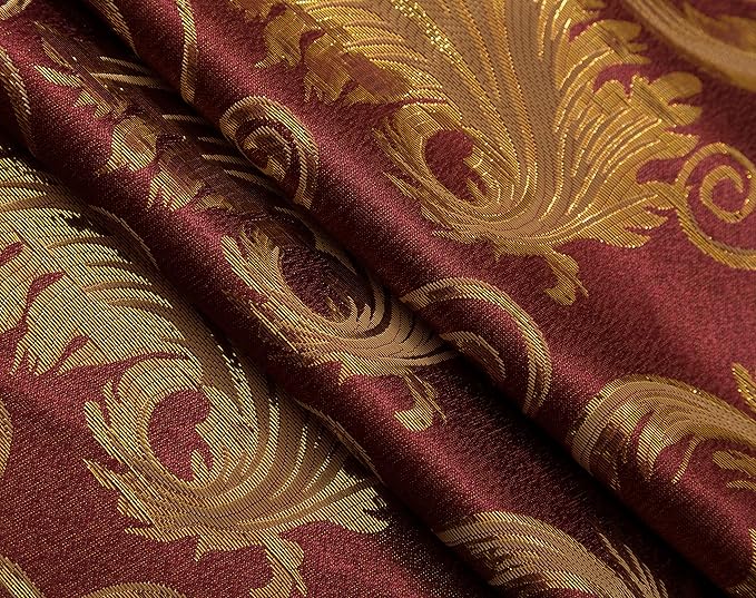 GLORY RUGS Jacquard Luxury Window 2 Panel Set Burgundy Gold Curtain with Attached Valance and Backing Bedroom Living Room Dining 2 Curtains 55x84 inches Each Jana