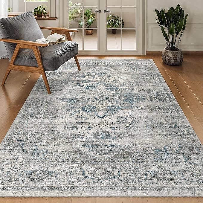 3x5 Washable Area Rug - Non-Slip Ultra Thin Rug for Entryway Stain Resistant Indoor Doormat for Living Room Vintage Watreproof Carpet for Bedroom Kitchen Laundry (Blue/Grey,3'x5')