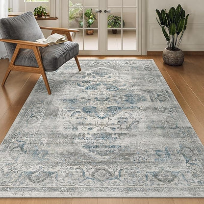 3x5 Washable Area Rug - Non-Slip Ultra Thin Rug for Entryway Stain Resistant Indoor Doormat for Living Room Vintage Watreproof Carpet for Bedroom Kitchen Laundry (Blue/Grey,3'x5')