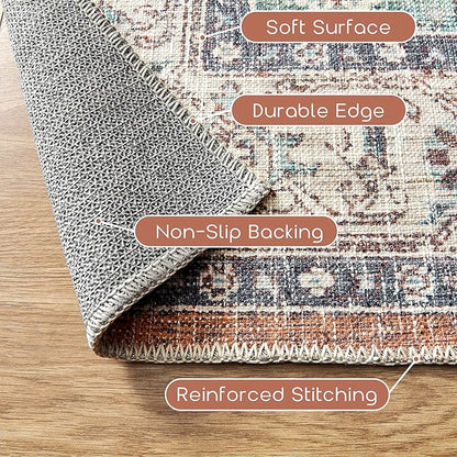 BILEEHOME Bohemian Rug 5x7 for Living Room Washable Machine Weave Mid Century Modern Bright Colors Dynamic Colorful 70s Funky Vintage Area Rugs,Terracotta Rust Burnt Orange and Turquoise Blue