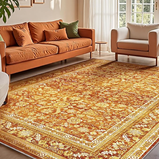 OPPODREAM Vintage Orange Area Rugs 5x7, 5 x 7 Retro Washable Rug Non Slip, Low-Pile Faux Wool Carpet, Distressed Floor Mat for Living Room, Bedroom, Kitchen, Office, Dorm, Dinning Room