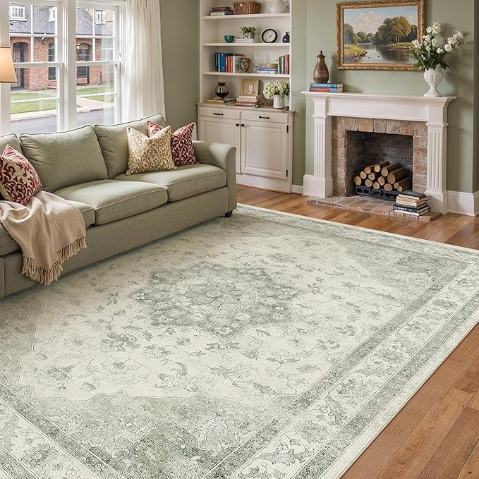 PureCozy Green Area Rug 8x10 Washable Living Room Carpet Vintage Non Slip Soft Bedroom Indoor Office Retro Low Pile Thin Oriental Medallion Large Rug for Dining Room Playroom