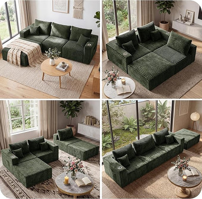 137'' U-Shaped Cloud Modular Sectional Sofa, Modern Corduroy Memory Foam Couch with Cup Holders, Upholstered Boneless Deep Seat Fluffy 6-Seater Sofa, No Assembly Needed, Olive Green, for Living Room