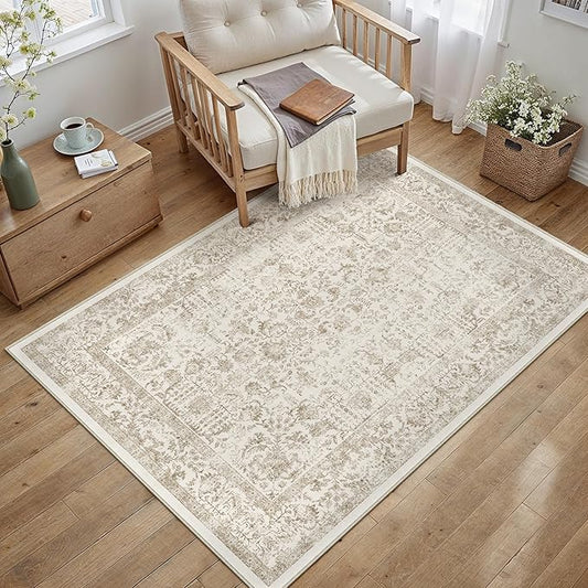 PureCozy Light Brown Area Rug 3x5 Entryway Washable Kitchen Vintage Distressed Non Slip Carpet Indoor Retro Floral Accent Throw Door Mat for Bathroom Bedroom Dining Living Room
