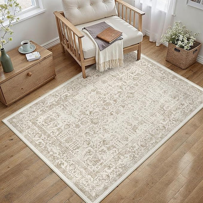 PureCozy Light Brown Area Rug 3x4 Office Entryway Rug Machine Washable Kitchen Vintage Distressed Non Slip Carpet Indoor Retro Floral Accent Throw Door Mat for Bathroom Bedroom Dining Living Room