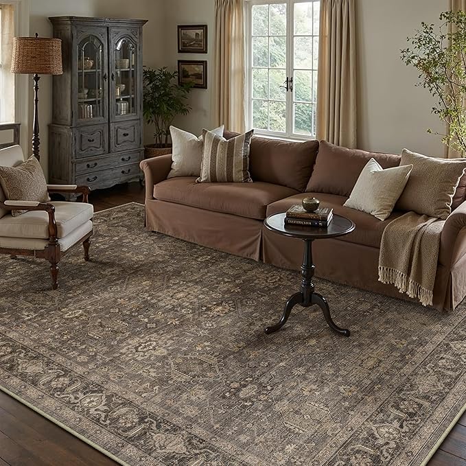 6x9 Washable Area Rug for Living Room Bedroom Vintage Brown Carpet Soft Low Pile Traditional Retro Non Slip Throw Rug for Dining Room Entryway Indoor Dorm Kitchen