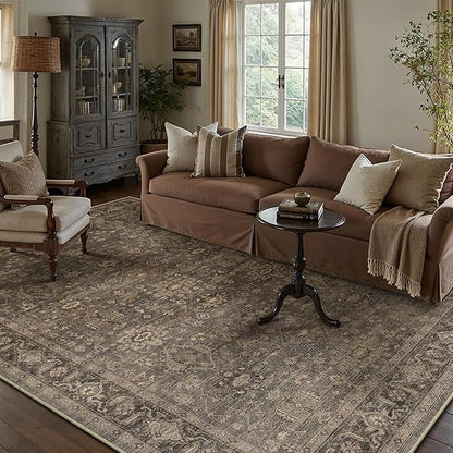 9x12 Washable Area Rug for Living Room Bedroom Vintage Brown Non Slip Carpet Traditional Retro Soft Low Pile Large Throw Rug for Dining Room Kitchen Office Indoor