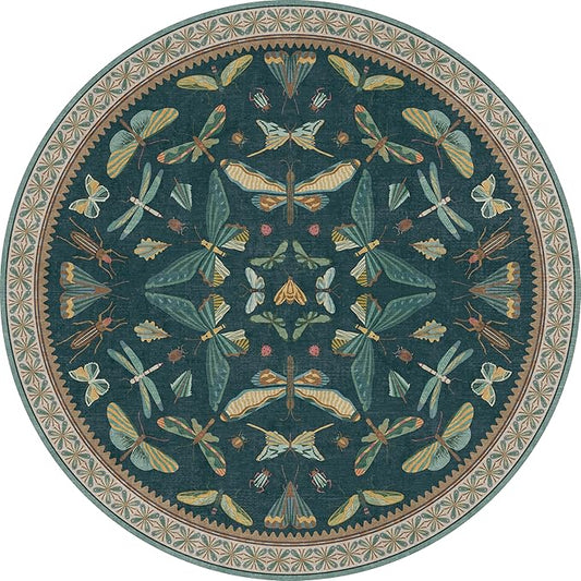 5ft Round Teal Boho Rug for Entryway, Washable Non Slip Area Carpet for Living Room & Kitchen, Vintage Insect Floral Décor, Soft Low Pile