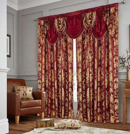 GLORY RUGS Jacquard Luxury Window 2 Panel Set Burgundy Gold Curtain with Attached Valance and Backing Bedroom Living Room Dining 2 Curtains 55x84 inches Each Jana