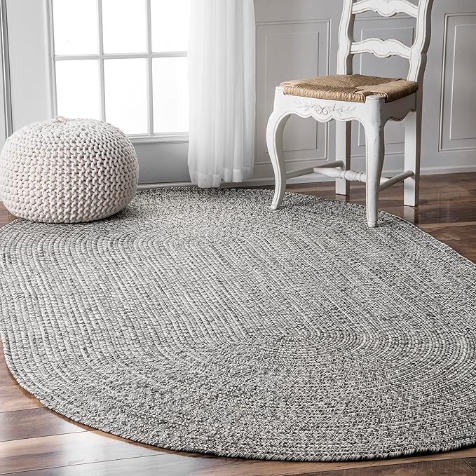 nuLOOM Oval 9' x 12' Solid Hand Braided Indoor/Outdoor Area Rug, Pet-Friendly, High Traffic, Weather Resistant, for Patio, Balcony, Bedroom, Living, Dining Room, Wynn Salt and Pepper