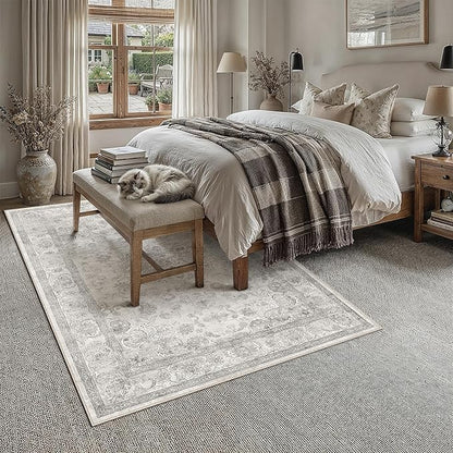 PureCozy Gray Area Rug 6x9 Washable Vintage Living Room Bedroom Carpet Non Slip Soft Low Pile Distressed Medallion Indoor Floor Grey Retro Throw Large Rug for Dining Room Office