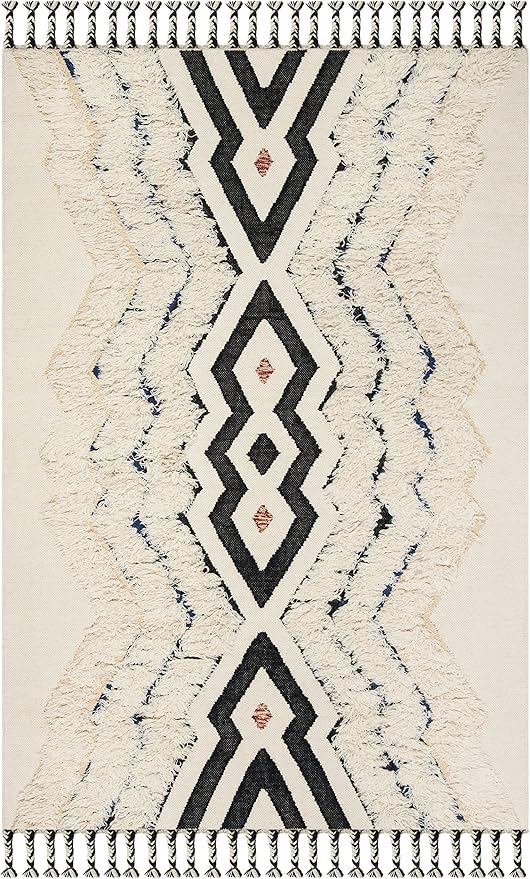 SAFAVIEH Kenya Collection Area Rug - 6' x 9', Ivory & Black Blue, Hand-Knotted Moroccan Tribal Tassel Wool, Ideal for High Traffic Areas in Living Room, Bedroom (KNY905A)