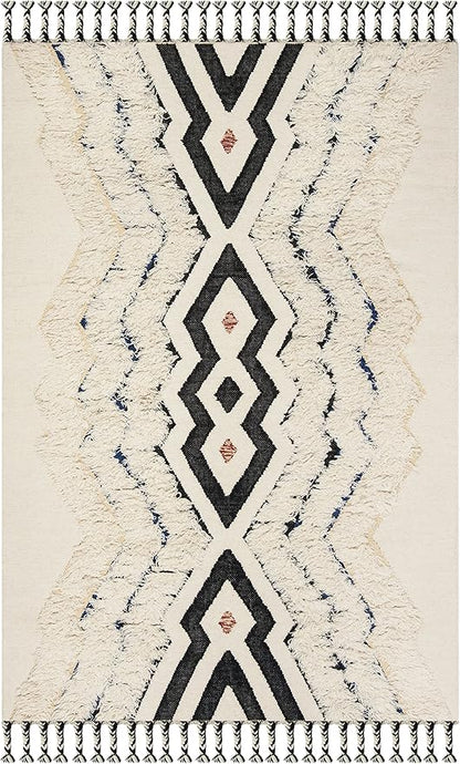 SAFAVIEH Kenya Collection Area Rug - 6' x 9', Ivory & Black Blue, Hand-Knotted Moroccan Tribal Tassel Wool, Ideal for High Traffic Areas in Living Room, Bedroom (KNY905A)