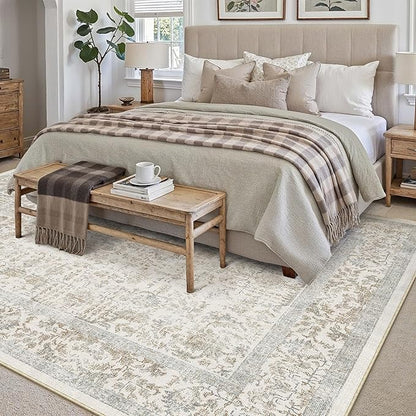 PureCozy Taupe Area Rug 8x10 Machine Washable Large Vintage Living Room Distressed Non Slip Carpet Traditional Indoor Bedroom Retro Floral Accent Throw Rug for Office Kitchen Dining Room