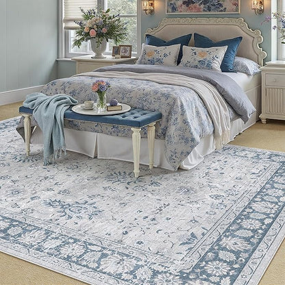 PureCozy 6x9 Area Rug Blue Washable Vintage Carpet Living Room Bedroom Large Non Slip Stain Soft Resistant Low Pile Thin Boho Accent Indoor Throw Rug for Dining Room Office