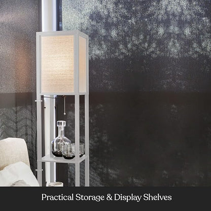 Brightech Maxwell - Modern Shelf Floor Lamp with Lamp Shade & Warm White LED Bulb, Corner Display Floor Lamp with Shelves for Living Room, Bedroom, Nightstand Office, Home Decor Storage - White