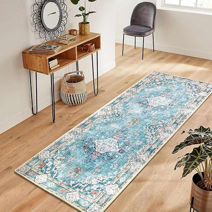 MUJOO Teal Runner Rug 2'x6', Long Washable Rug Runners for Hallways Entryway Kitchen Bathroom Bedside,Boho Vintage Bohemian Distressed Farmhouse Non Slip Carpet,Floral