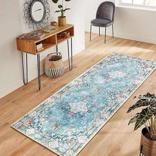 MUJOO Teal Runner Rug 2'x6', Long Washable Rug Runners for Hallways Entryway Kitchen Bathroom Bedside,Boho Vintage Bohemian Distressed Farmhouse Non Slip Carpet,Floral
