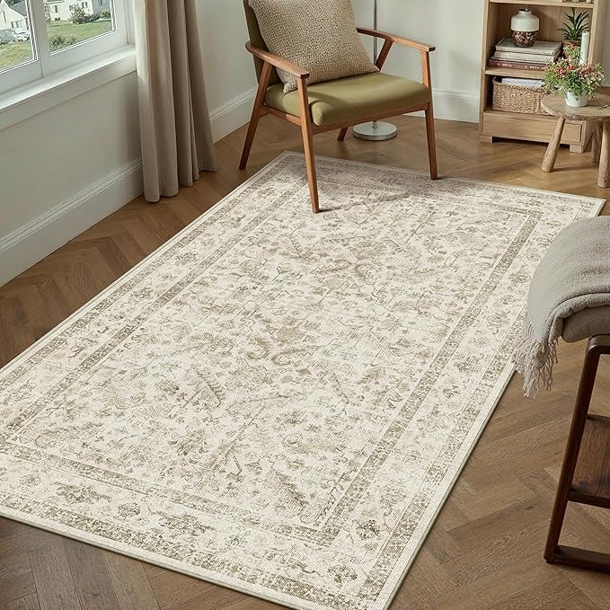 PureCozy Taupe 4x6 Entryway Rug Vintage Area Carpet Indoor Office Washable Door Mat Entrance Small Low Pile Traditional Distressed Retro Accent Throw Rug Non Slip Kitchen Bathroom