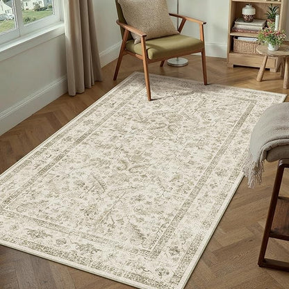 PureCozy Taupe 4x6 Entryway Rug Vintage Area Carpet Indoor Office Washable Door Mat Entrance Small Low Pile Traditional Distressed Retro Accent Throw Rug Non Slip Kitchen Bathroom