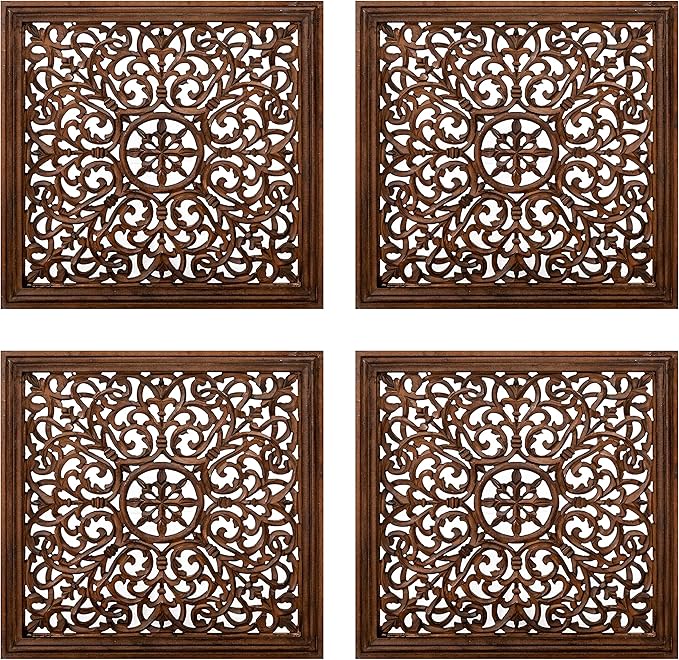 The Wooden Town Kashmiri Wall Decor – Set of 4 (16x16 Inch) | Handcrafted Wooden Wall Panels & Hanging Plaques for Living Room, Home & Office | Burnt Finish Decorative Art for Walls