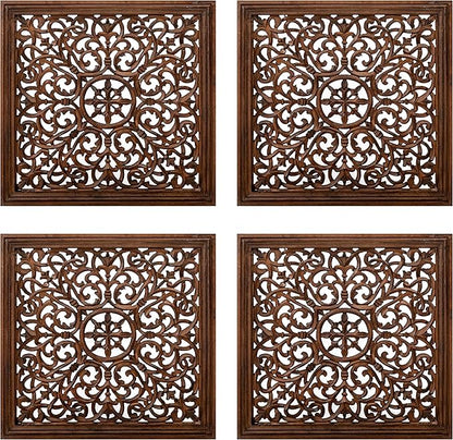 The Wooden Town Kashmiri Wall Decor – Set of 4 (16x16 Inch) | Handcrafted Wooden Wall Panels & Hanging Plaques for Living Room, Home & Office | Burnt Finish Decorative Art for Walls