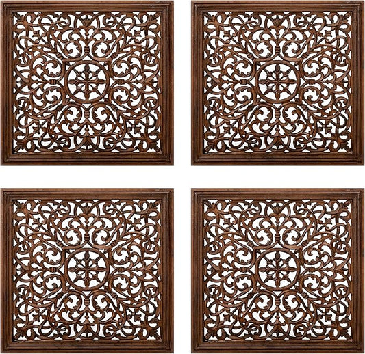 The Wooden Town Kashmiri Wall Decor – Set of 4 (16x16 Inch) | Handcrafted Wooden Wall Panels & Hanging Plaques for Living Room, Home & Office | Burnt Finish Decorative Art for Walls