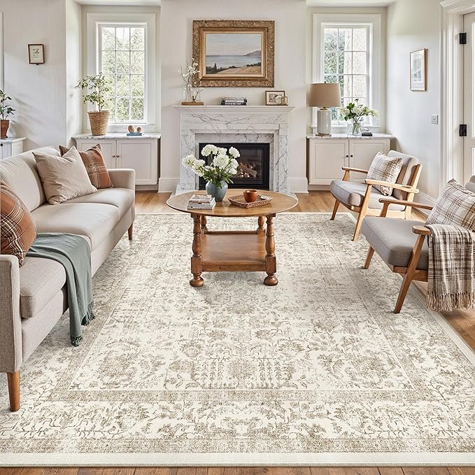 PureCozy Light Brown Area Rug 5x8 Machine Washable Vintage Living Room Distressed Non Slip Carpet Traditional Indoor Bedroom Retro Floral Accent Throw Large Rug Office Kitchen Bathroom Dining Room