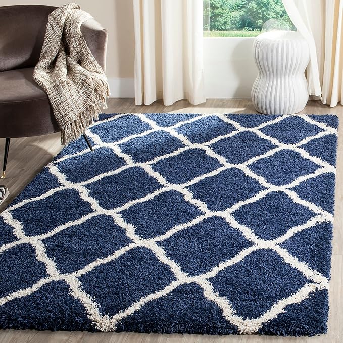 SAFAVIEH Hudson Shag Collection Area Rug - 3' Round, Grey & Ivory, Moroccan Trellis Design, Non-Shedding & Easy Care, 2-inch Thick Ideal for High Traffic Areas in Living Room, Bedroom (SGH283B)