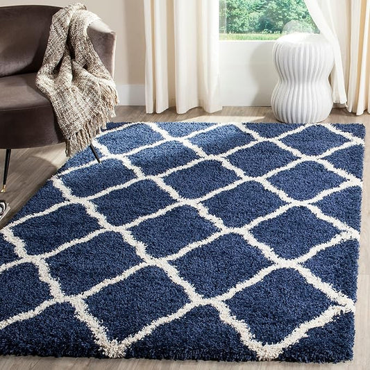 SAFAVIEH Hudson Shag Collection Area Rug - 3' Round, Grey & Ivory, Moroccan Trellis Design, Non-Shedding & Easy Care, 2-inch Thick Ideal for High Traffic Areas in Living Room, Bedroom (SGH283B)