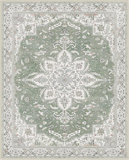GENIMO 8X10 Washable Vintage Area Rugs for Living Room, Non-Slip Low Pile Chenille Print Rug, Soft Rugs for Bedroom Dining Room Home Office, Sage & Linen