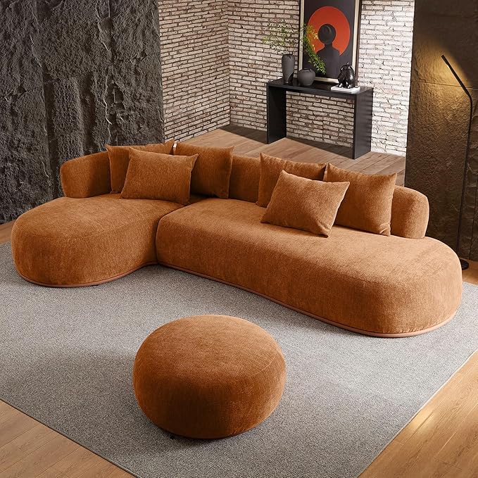 WILLIAMSPACE 134.63" Oversize Curved Sofa Cloud Couch with Round Chaise & Ottoman, Modern Upholstered Curved Sectional Sofa Couch with 6 Pillows for Living Room, No Assembly (Left-Facing,Orange)