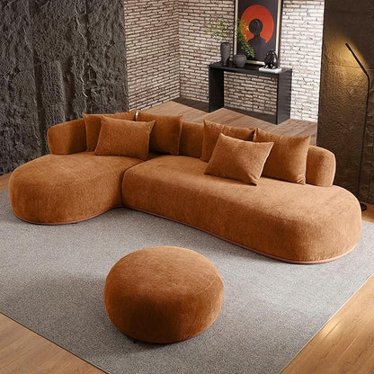 WILLIAMSPACE 134.63" Oversize Curved Sofa Cloud Couch with Round Chaise & Ottoman, Modern Upholstered Curved Sectional Sofa Couch with 6 Pillows for Living Room, No Assembly (Left-Facing,Orange)