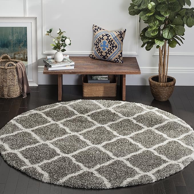 SAFAVIEH Hudson Shag Collection 7' Round Grey/Ivory SGH283B Moroccan Trellis Non-Shedding Living Room Bedroom Dining Room Entryway Plush 2-inch Thick Area Rug