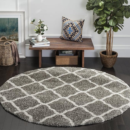 SAFAVIEH Hudson Shag Collection 7' Round Grey/Ivory SGH283B Moroccan Trellis Non-Shedding Living Room Bedroom Dining Room Entryway Plush 2-inch Thick Area Rug