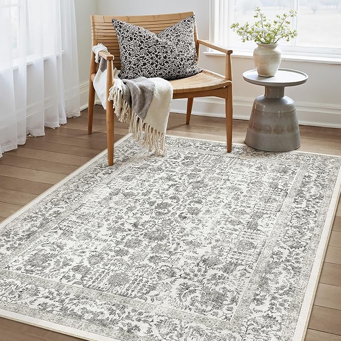 PureCozy Black Area Rug 4x6 Office Entryway Rug Machine Washable Kitchen Vintage Distressed Non Slip Carpet Indoor Retro Floral Accent Throw Door Mat for Bathroom Bedroom Dining Living Room