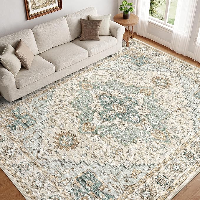 9x12 Area Rugs for Living Room, Machine Washable Non Slip Vintage Rug, Non-Slip Stain Resistant, Large Soft Home Decor Rug for Bedroom Dining Room (Green/Beige 9'x12')