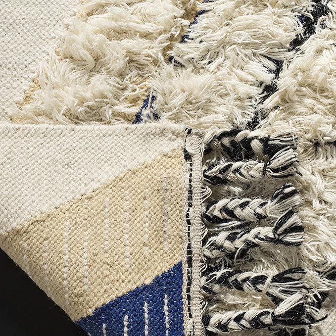 SAFAVIEH Kenya Collection Area Rug - 6' x 9', Ivory & Black Blue, Hand-Knotted Moroccan Tribal Tassel Wool, Ideal for High Traffic Areas in Living Room, Bedroom (KNY905A)