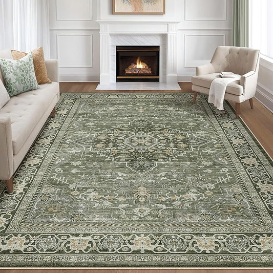 7x10 Area Rug Living Room: Washable Boho Large Neutral Vintage Soft Rugs Stain Resistant Farmhouse Non Slip Indoor Floor Carpet for Bedroom Nursery Kids Playroom Office Dining Room Home- Dark Green