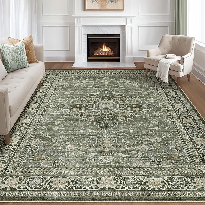 5x8 Area Rug Living Room: Washable Boho Large Neutral Vintage Soft Rugs Stain Resistant Farmhouse Non Slip Indoor Floor Carpet for Bedroom Nursery Kids Playroom Office Dining Room Home- Dark Green