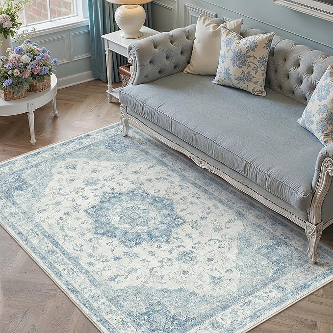 PureCozy Blue Area Rug 3x5 Washable Vintage Carpet for Entryway Office Soft Retro Kitchen Low Pile Thin Door Mat Non Slip Oriental Medallion Throw Rug for Bathroom Bedroom Dining Living Room